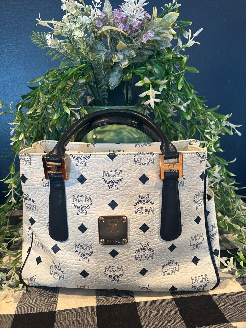 MCM White Visetos Logo Satchel with Black Trim w/COA